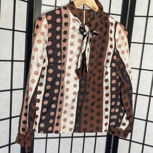 Vintage 70s blouse, brown polka dots with collar tie